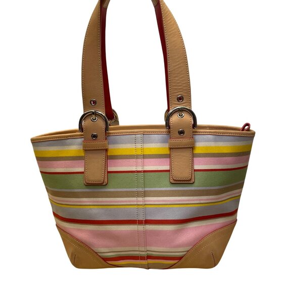 Coach Women’s Multicolor Canvas & Leather Striped With Daisy Charm Tote Bag Sz M - Picture 3 of 15